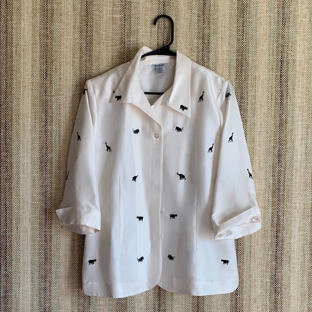 Silks By LSC White Blouse with Black Animal Print Size MP 100% Silk Women Shirt